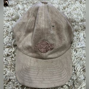LA Lakers Micro Suede Slouch Dad Cap Mitchell & Ness Taupe Strapback Cap